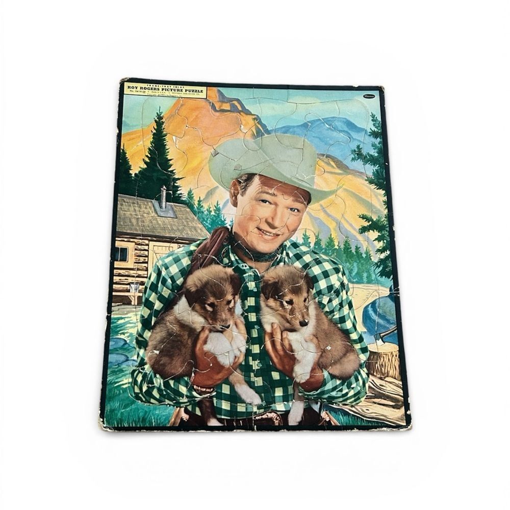 Roy Rogers Whitman 50s Picture Puzzle with Puppies - Green Plaid Cowboy